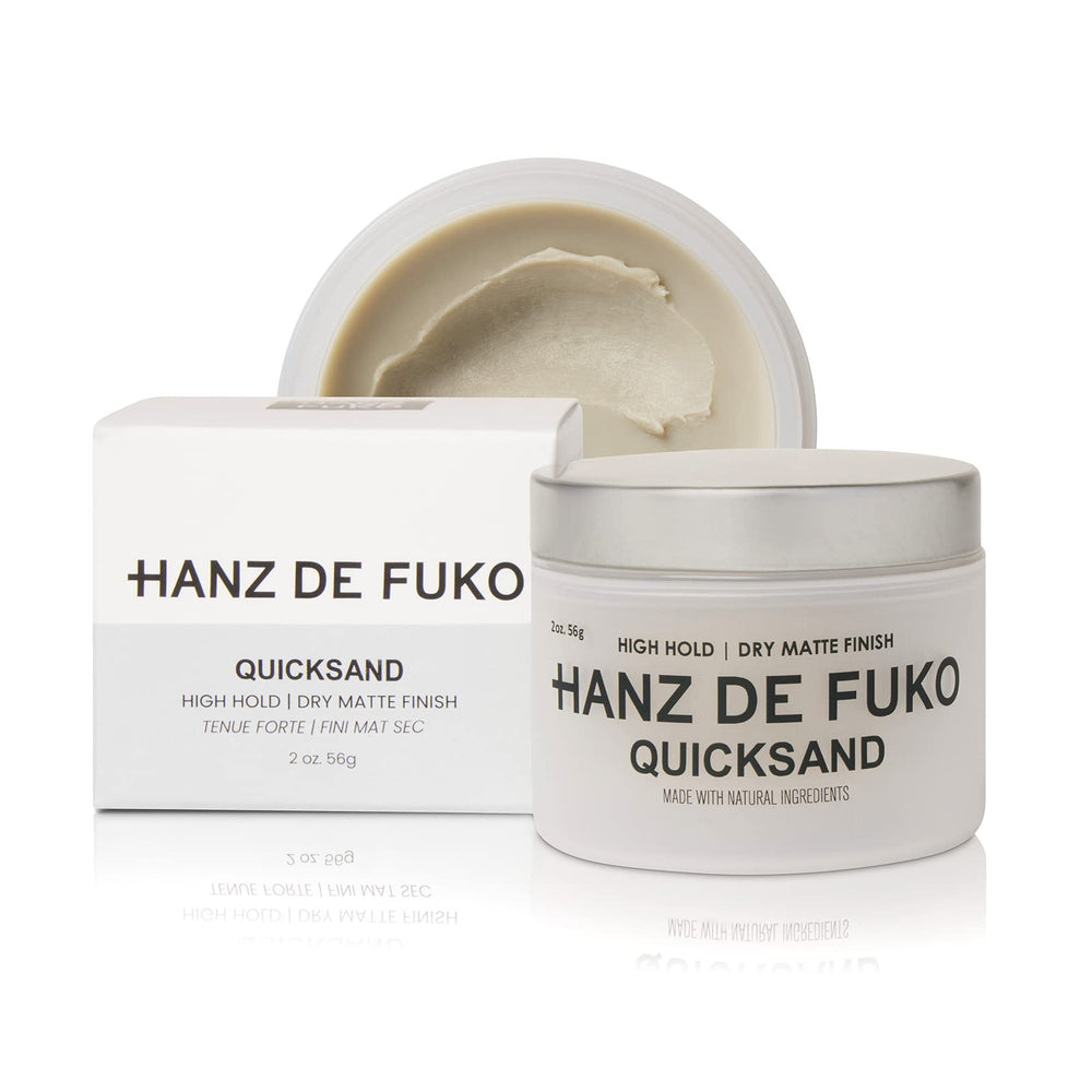 Hanz de Fuko Quicksand bottle front view highlights high hold and matte finish.