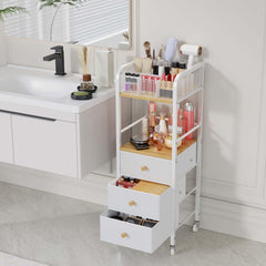 HapiRm rolling makeup cart middle shelf holds full-size cleansers for quick routines.