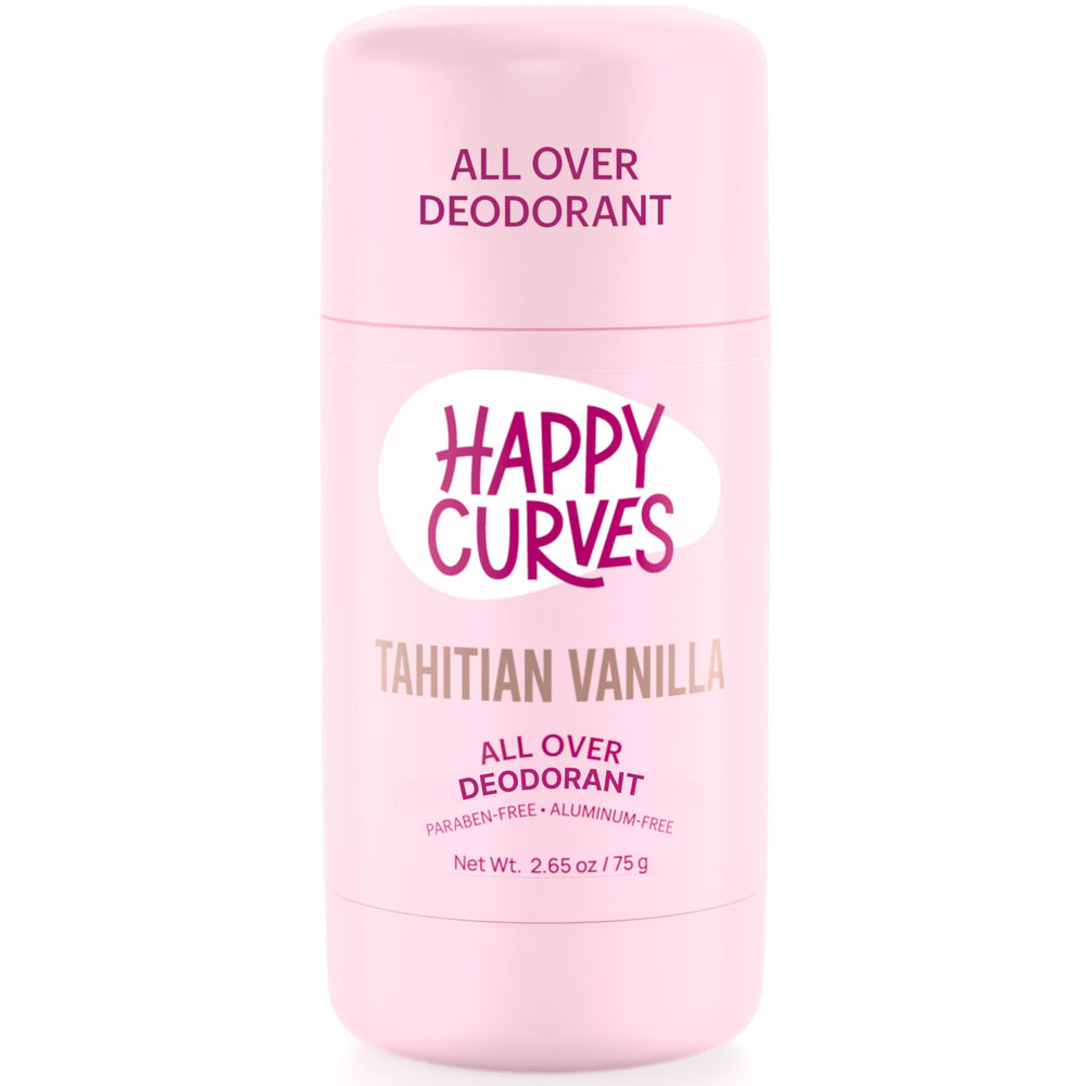 HAPPY CURVES All Over Deodorant Tahitian Vanilla bottle showcases long-lasting freshness for active days.