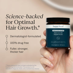 Happy Head capsules closeup showing hair-support vitamin blend