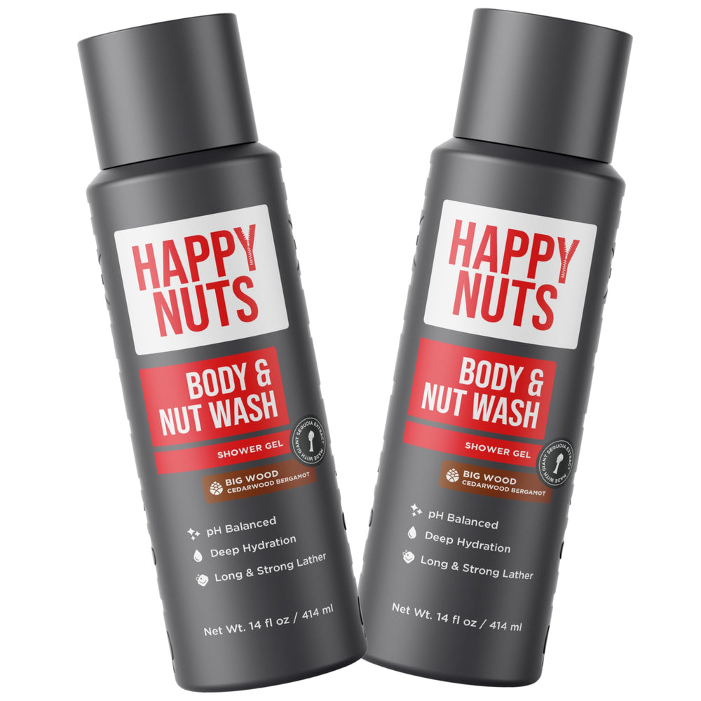 HAPPY NUTS Big Wood bottle stand captures the product for quick, refreshing showers