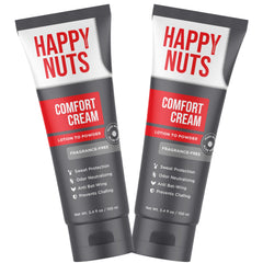 HAPPY NUTS Comfort Cream Deodorant bottle closeup shows long-lasting protection for active days