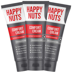 Happy Nuts Comfort Cream jar closeup showing soothing, aluminum-free protection against chafing.