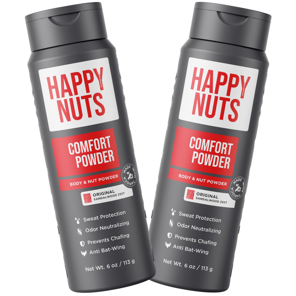Happy Nuts Comfort Powder 2-pack bottle with precision dispensing cap for targeted anti-chafing and sweat defense.