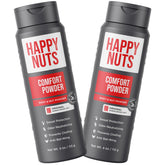 Happy Nuts Comfort Powder 2-pack bottle with precision dispensing cap for targeted anti-chafing and sweat defense.
