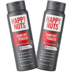 Happy Nuts Comfort Powder 2-pack bottle with precision dispensing cap for targeted anti-chafing and sweat defense.