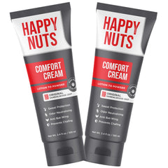 HAPPY NUTS Comfort Cream application shows lotion-to-powder texture for all-day comfort