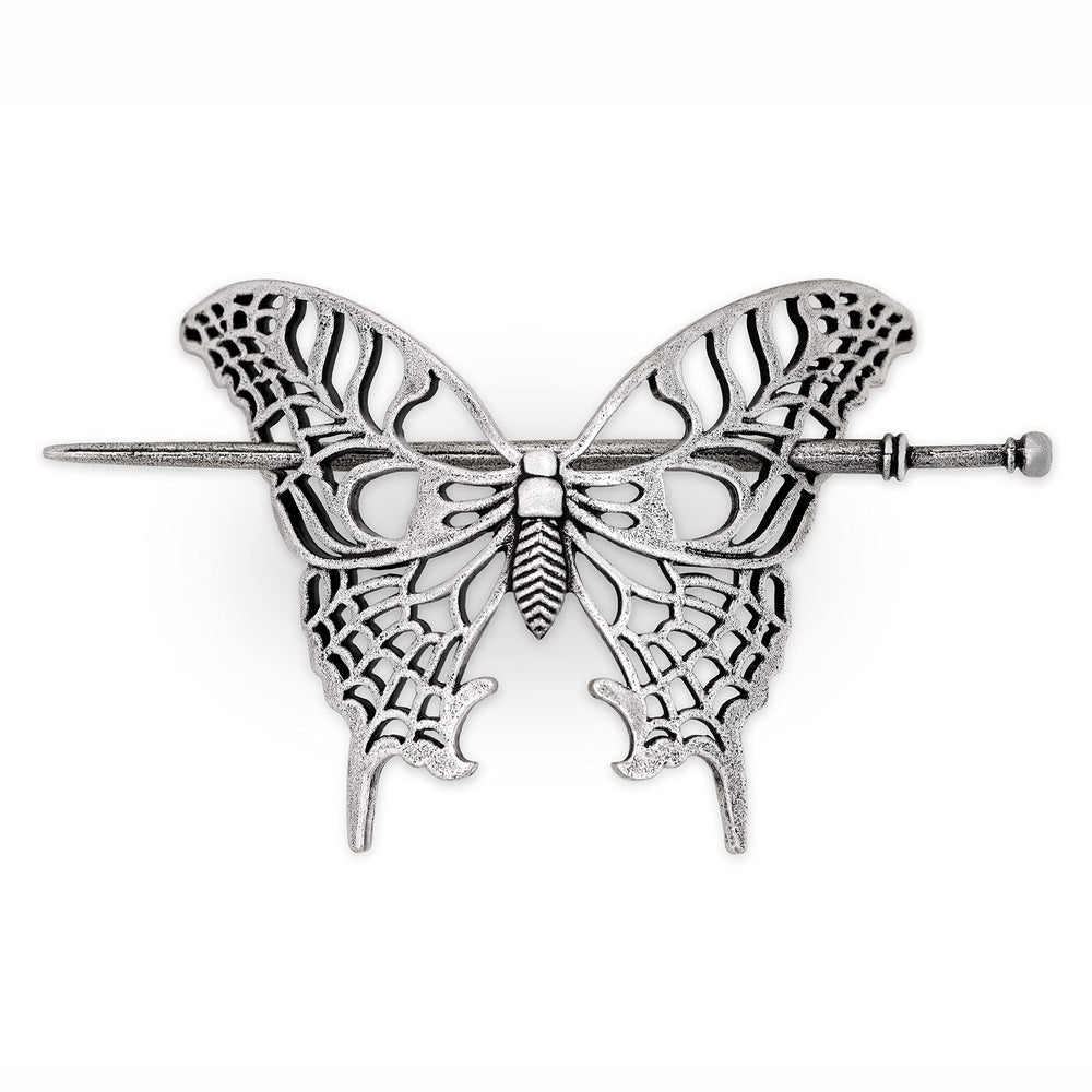 HAQUIL vintage hollow butterfly hairpin closeup showing antique silver finish