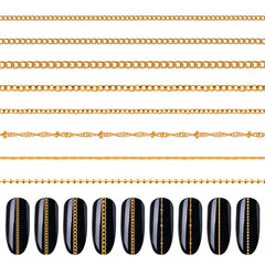 Hariendny 8 Strips Nail Art Chains gold set close-up for chic DIY manicures.