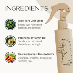 Harmonize Beauty Leave-In Conditioner heat-protection shields against heat styling while preserving shine.