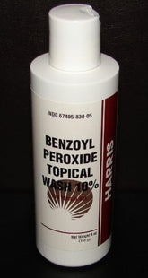 Harris Pharmaceuticals benzoyl peroxide 10% acne wash bottle for acne-prone skin.