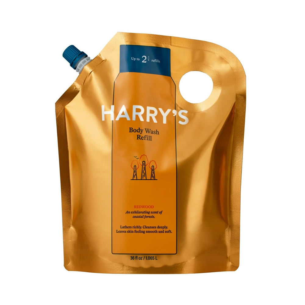 Harry's Redwood body wash refill 36oz illustrates easy, mess-free refilling for daily showers