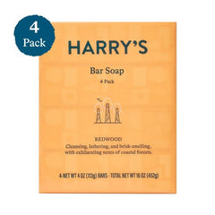 Harry's Redwood Scent Bar Soap packaging highlights four bars for everyday grooming.