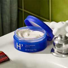 Harry's Texturizing Putty hair styling demonstrates quick texture without stiffness.