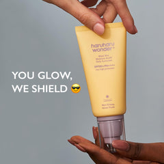 HARUHARU Wonder sunscreen texture close-up shows lightweight, non-greasy feel for morning routines.