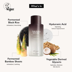 HARUHARU Wonder Black Rice Toner ingredients view highlighting nourishing black rice extract benefits.