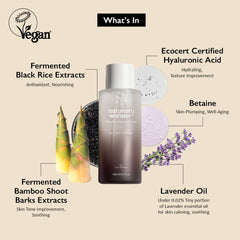 HARUHARU Wonder Black Rice Toner label close-up highlights key ingredients for hydration.