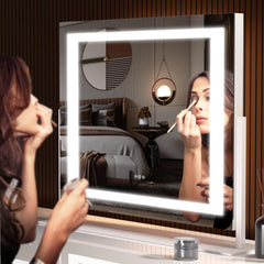 Hasipu vanity mirror detachable phone holder enables hands-free viewing.