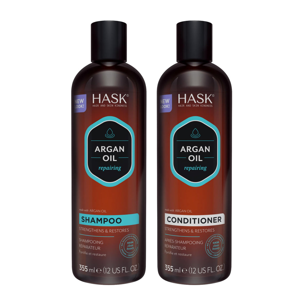HASK Argan Oil Repairing Shampoo bottle showcasing nourishing formula for silky, frizz-free color-safe hair