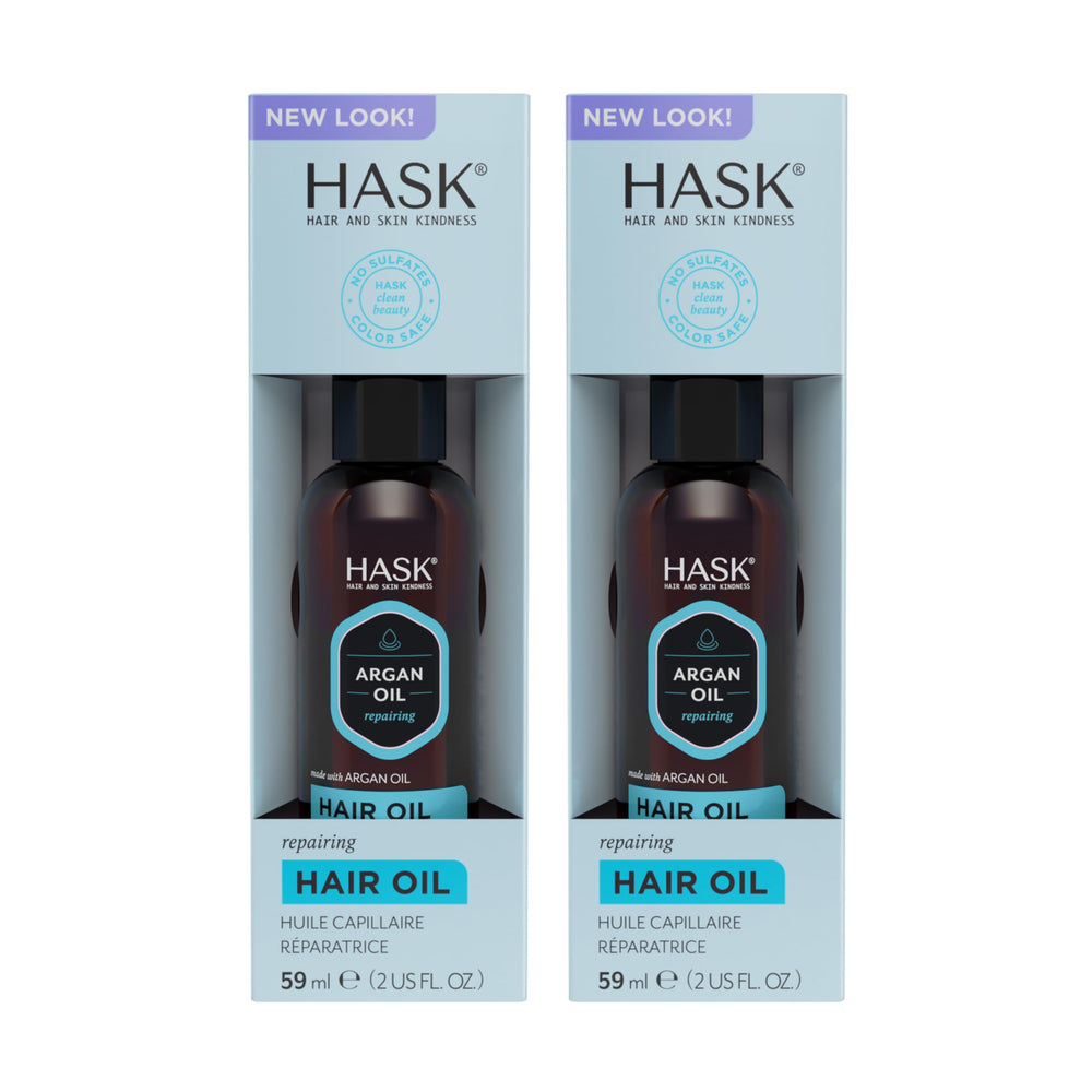HASK Argan Repairing Hair Oil bottle with pump delivers easy application and shine.