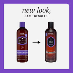 HASK Biotin Boost thickening conditioner bottle highlights strengthening nutrients for fine hair.