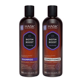 HASK Biotin Boost thickening shampoo bottle shows volumizing formula for fuller hair.