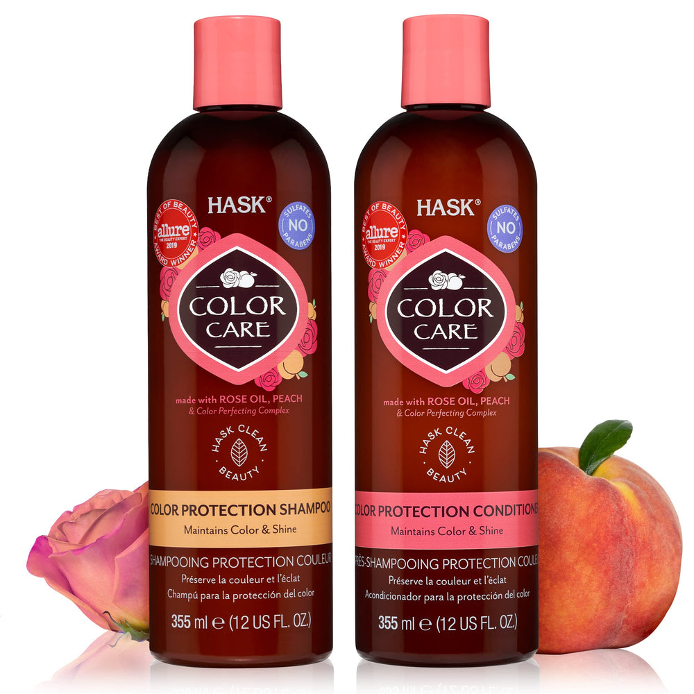 HASK Color Care Shampoo bottle shows sulfate-free protection for color-treated hair.