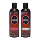 This image shows HASK Keratin Smoothing Shampoo bottle highlighting frizz control and shine.