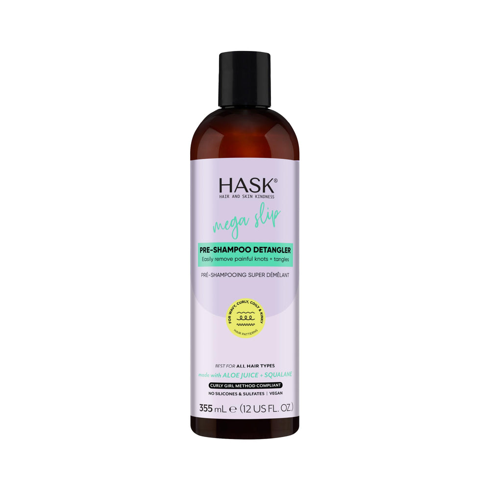 HASK Mega Slip pre-shampoo detangler bottle promotes easy detangling.