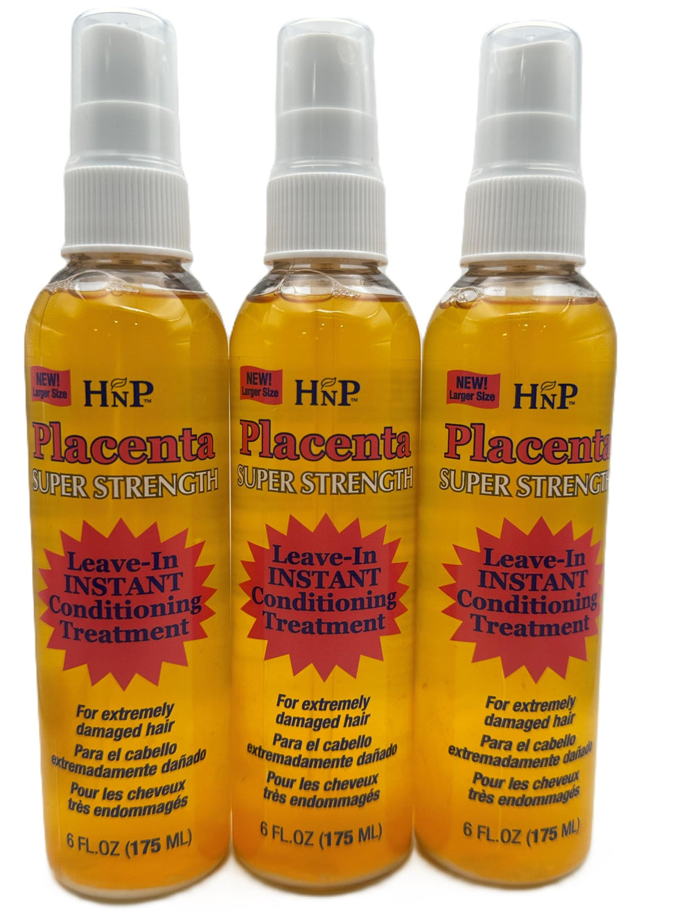 HASK Placenta leave-in conditioner bottle front shows super strength conditioning for smoother detangling and moisture.