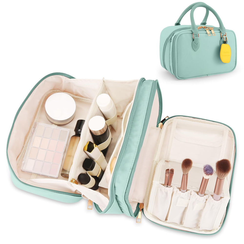 HauteHues travel makeup bag blue open-flat design for easy on-the-go access.