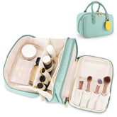 HauteHues travel makeup bag blue open-flat design for easy on-the-go access.