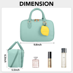 HauteHues makeup bag blue side view emphasizing waterproof nylon and protected interiors.