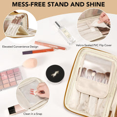 HauteHues makeup bag brush holder stands upright for quick brush access.