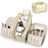 HauteHues travel makeup bag large capacity layout keeps cosmetics organized on the go.