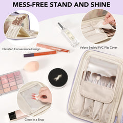 HauteHues travel makeup bag three-compartment layout keeps items organized.