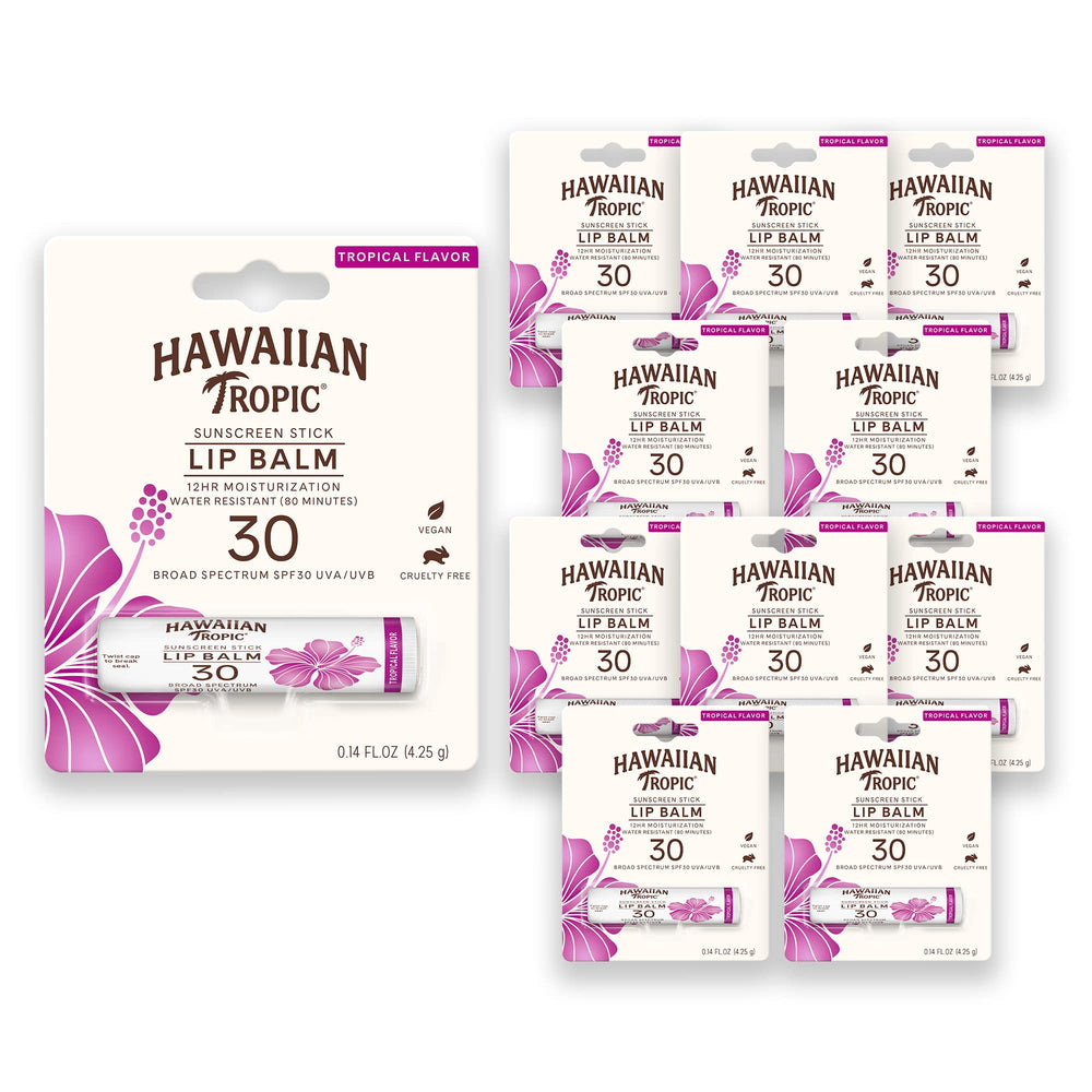 Hawaiian Tropic Tropical Lip Balm SPF30 tube highlights lip sun protection.