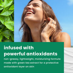 Hawaiian Tropic green tea extract illustrated as a protective antioxidant layer.