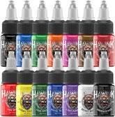HAWINK tattoo ink set with 14 color bottles delivering durable, vibrant pigment.