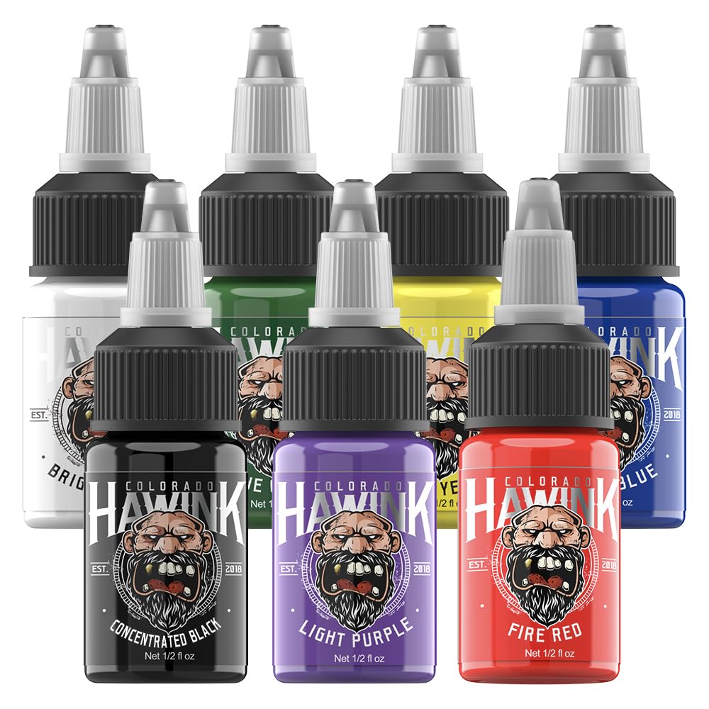 HAWINK tattoo ink set 7 colors swatches show balanced hues for consistent shading