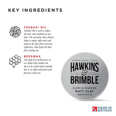 Hawkins & Brimble Matt Clay infused with elemi and ginseng for nourishment.