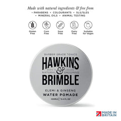 Hawkins & Brimble water pomade hair styling application shows medium to strong hold versatility.