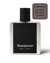 Hawthorne Leather Cologne bottle displaying warm leather scent for confident evenings.