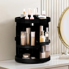 HBlife 360 rotating organizer on vanity demonstrates space-saving quick-grab organization