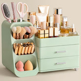 HBlife makeup organizer front view highlights ample storage for daily cosmetics and brushes.