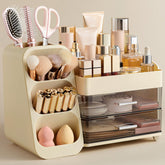 HBlife makeup organizer vanity beige - front view shows easy access to brushes and palettes.