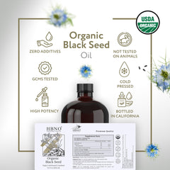 HBNO black seed oil ingredients shows cold-pressed seeds and hexane-free processing.