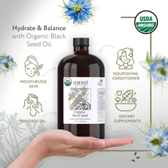 HBNO black seed oil label USDA spot reinforces certified organic quality and origin.