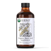 HBNO Organic Black Seed Oil bottle front shows amber glass for premium skin care use.
