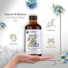 HBNO Organic Black Seed Oil label closeup highlighting organic certification and ingredients for trust.